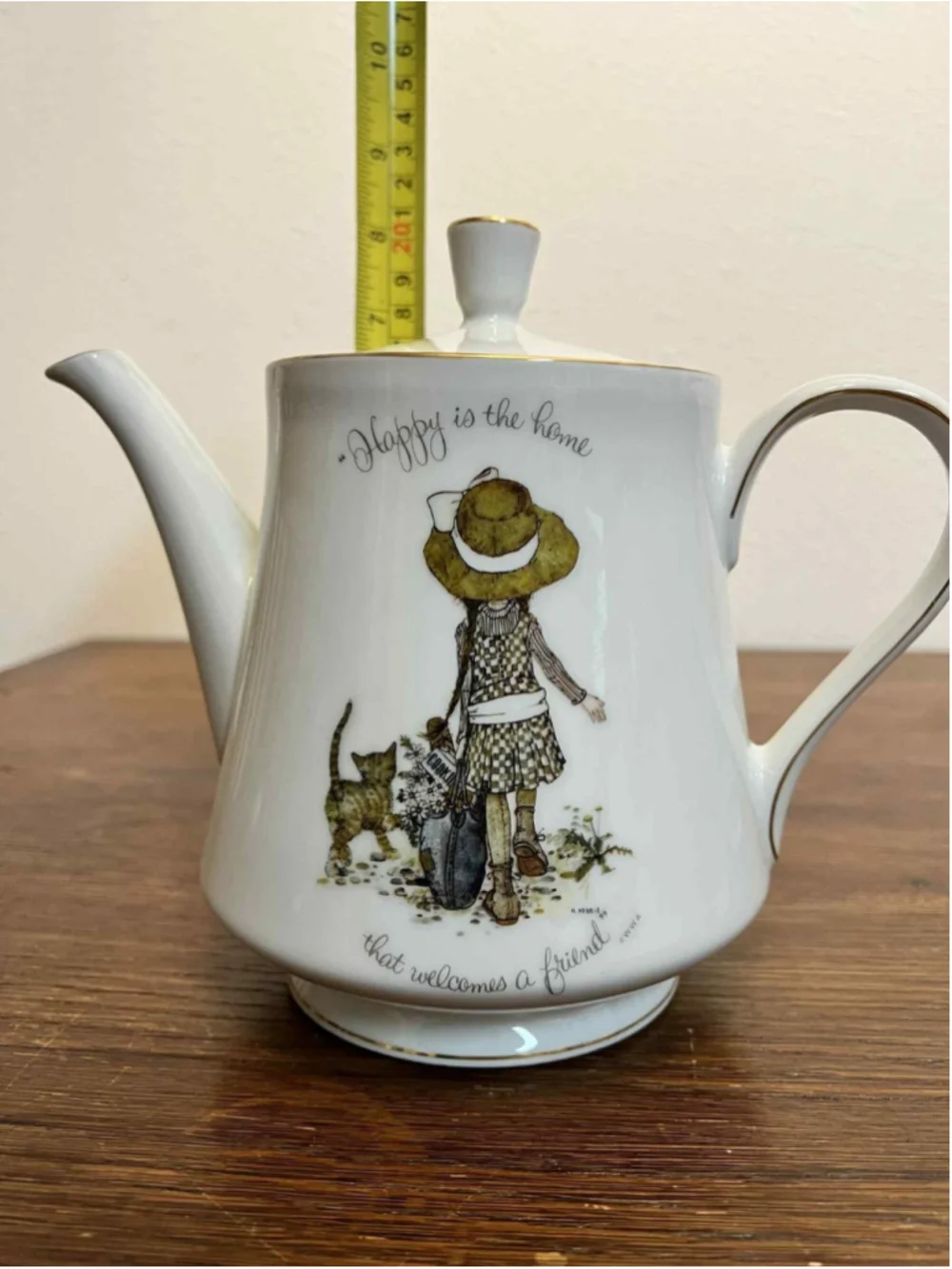 Vintage Holly Hobbie Teapot Happy Is the Home Gold Trim Porcelain w/Lid Server